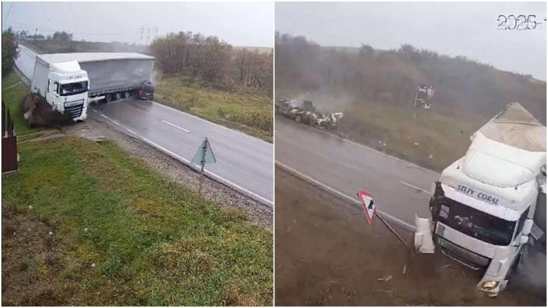 Un accident șocant pe E 85: Un TIR care și-a pierdut controlul zdrobește un automobil cu doi pasageri. Coliziunea a fost înregistrată. Un accident șocant pe E 85: Un TIR care și-a pierdut controlul zdrobește un automobil cu doi pasageri. Coliziunea a fost înregistrată.