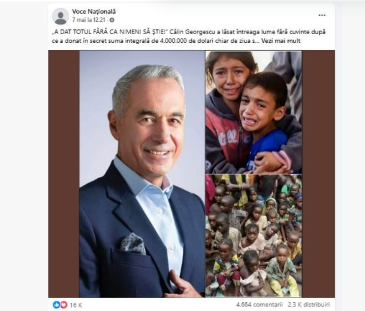 Escrocherie printr-o „donatie secretă” pentru copiii defavorizați: Fake news răspândit cu numele lui Călin Georgescu și George Simion