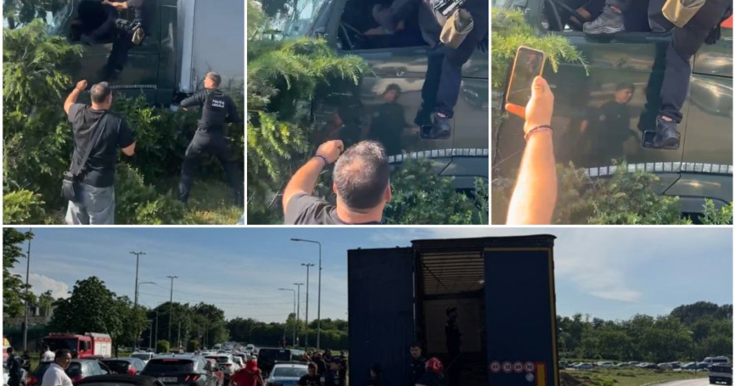 Polițiștii locali au recurs la spray lacrimogen și l-au agresat pe conducătorul TIR-ului evadat.